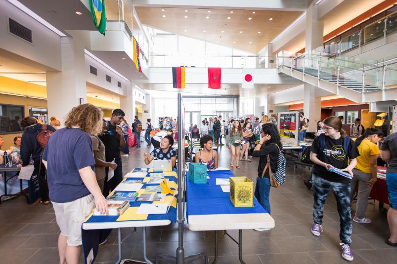 The annual Off-Campus Studies Fair features many information booths about study abroad and domestic off-campus study options for students.